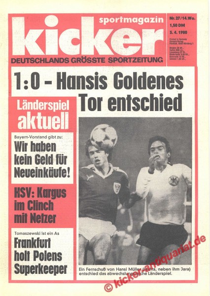 Kicker Sportmagazin Nr. 27, 3.4.1980 bis 9.4.1980