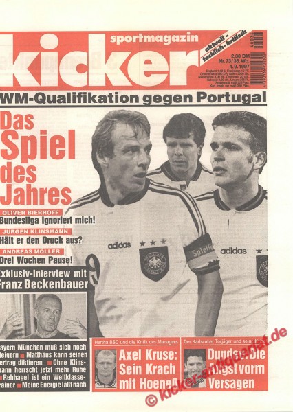 Kicker Sportmagazin Nr. 73, 4.9.1997 bis 10.9.1997