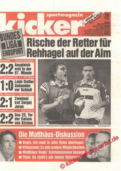 Kicker Sportmagazin Nr. 37, 30.4.1998 bis 6.5.1998