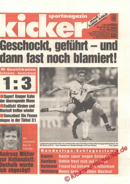 Kicker Sportmagazin Nr. 85, 15.10.1998 bis 21.10.1998