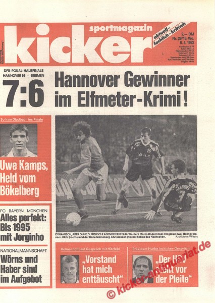 Kicker Sportmagazin Nr. 29, 9.4.1992 bis 15.4.1992