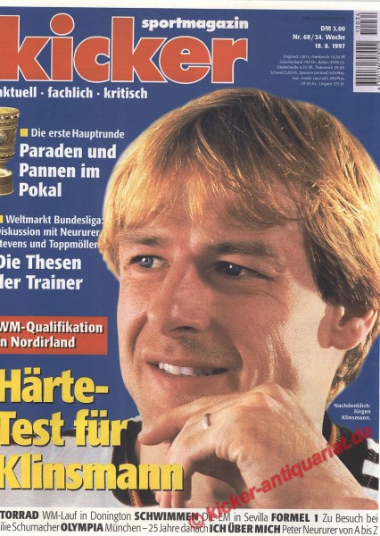Kicker Sportmagazin Nr. 68, 18.8.1997 bis 24.8.1997