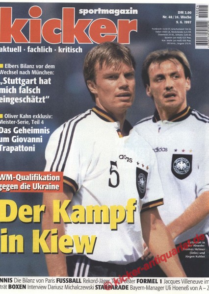 Kicker 48(1997 vom 9.6.1997: WM Quali gegen Ukraine: Der Kampf in Kiew: Titelfoto Thomas Helmer und Jürgen Kohler in Nationaltrikot