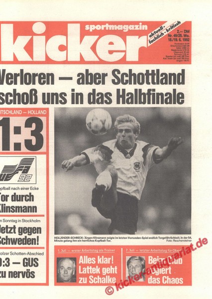 Kicker Sportmagazin Nr. 49, 18.6.1992 bis 24.6.1992