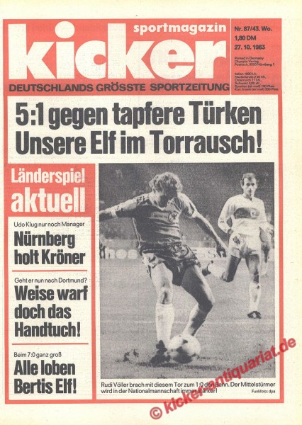 Kicker Sportmagazin Nr. 87, 27.10.1983 bis 2.11.1983