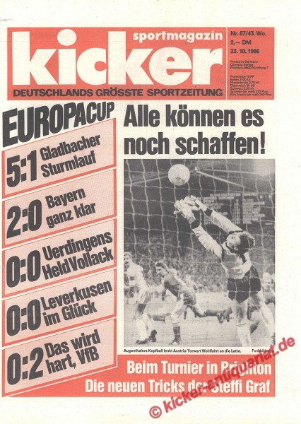 Kicker Sportmagazin Nr. 87, 23.10.1986 bis 29.10.1986