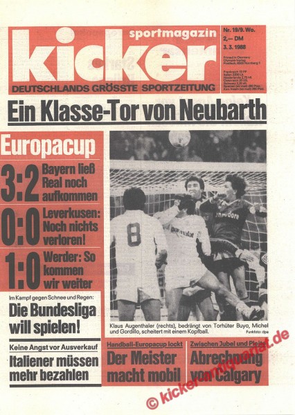 Kicker Sportmagazin Nr. 19, 3.3.1988 bis 9.3.1988