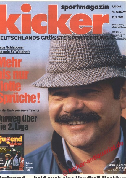 Original Kicker Zeitung vom 13. bis 19. Mai 1985 mit Kulttrainer Klaus Schlappner vom SV Waldhof. Nachwuchsförderung, Zweitliga-Chancen und Waldhofs Aufschwung.