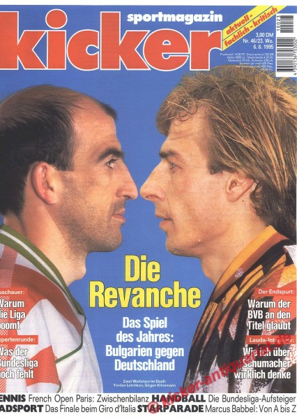 Original Kicker Zeitung – 5. Juni 1995 bis 11. Juni 1995 mit Echtheitszertifikat. Titelbild: Yordan Letchkov und Jürgen Klinsmann