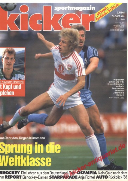 Kicker Titelbild: Jürgen Klinsmann (VfB Stuttgart) und Dieter Finke (Waldhof Mannheim), Kicker Schlagzeile: Das Jahr des Jürgen Klinsmann. Sprung in die Weltklasse!