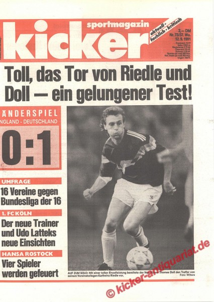 Kicker Schlagzeile: Toll, das Tor von Riedle und Doll - ein gelungener Test! Kicker Titelbild: Thomas Doll (Hamburger SV)