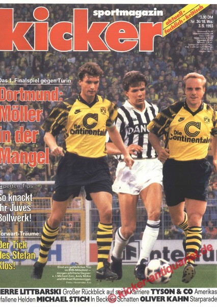 Das 1. Finalspiel gegen Turin: Dortmund: Möller in der Mangel. Titelbild: Michael Zorn, Andy Möller und Michael Rummenigge.