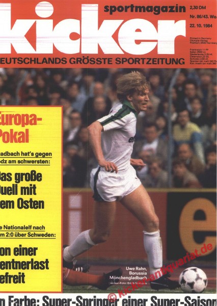 Kicker Sportmagazin Nr. 86, 22.10.1984 bis 28.10.1984