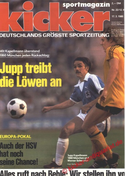 Kicker Sportmagazin Nr. 22, 17.3.1980 bis 23.3.1980