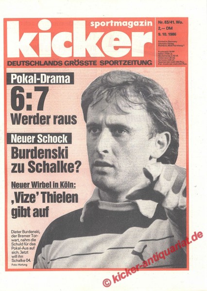 Kicker Sportmagazin Nr. 83, 9.10.1986 bis 15.10.1986