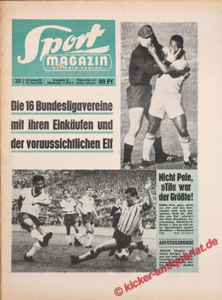 Original alte Zeitung Kicker - das Sportmagazin vom 14. Juni 1965 bis 20. Juni 1965