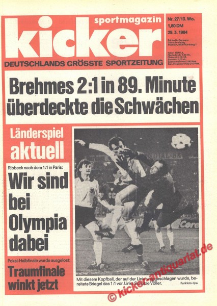 Kicker Sportmagazin Nr. 27, 29.3.1984 bis 4.4.1984