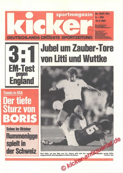 Kicker Sportmagazin Nr. 75, 10.9.1987 bis 16.9.1987