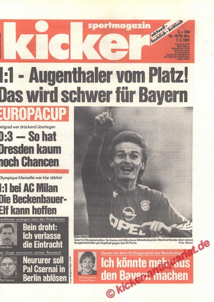 Kicker Schlagzeile: 1:1 - Augenthaler vom Platz! Das wird schwer für Bayern.